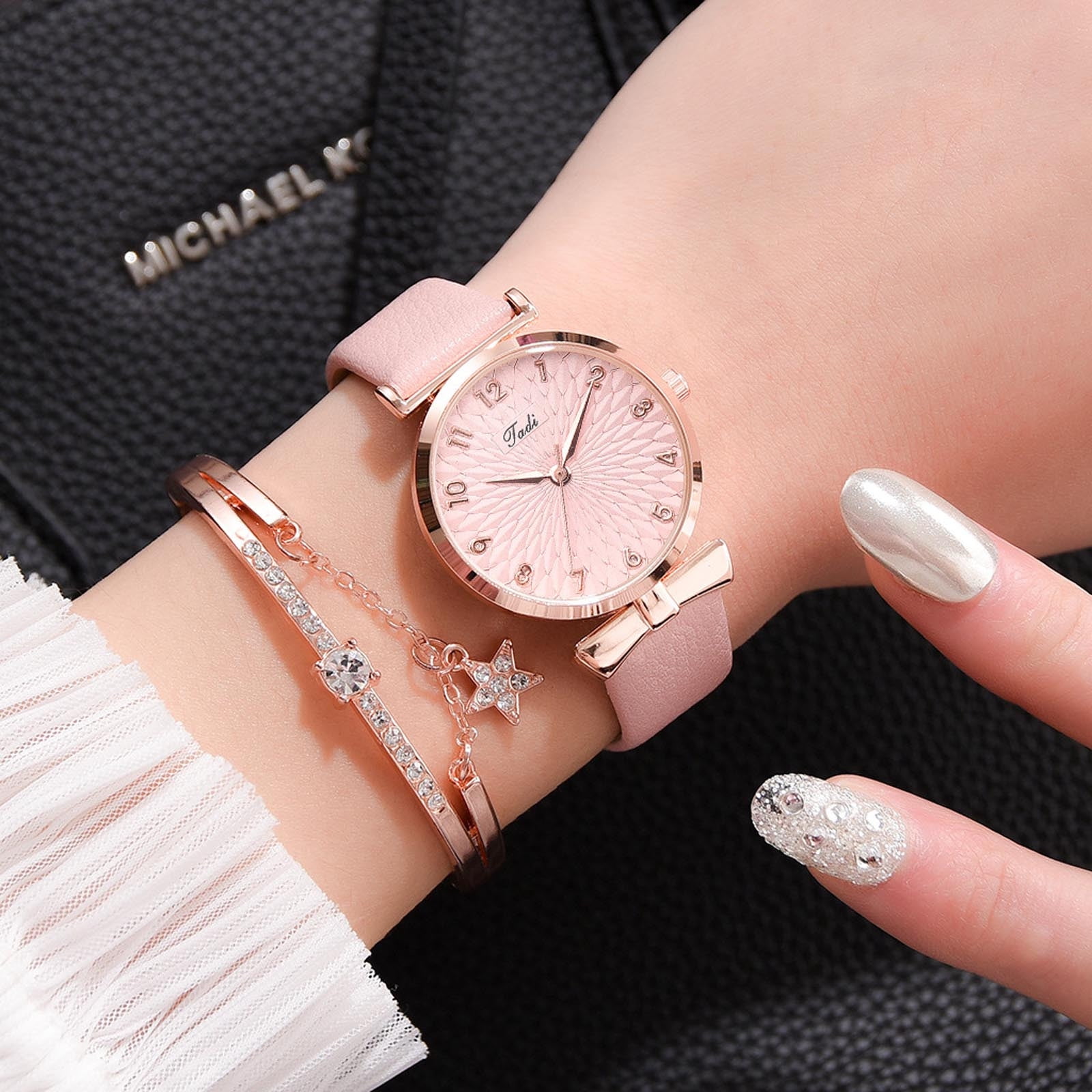 2PCS Luxury Women Rose Gold Watch Fashion Ladies Quartz Diamond Wristwatch  Elegant Female Bracelet Watches Set